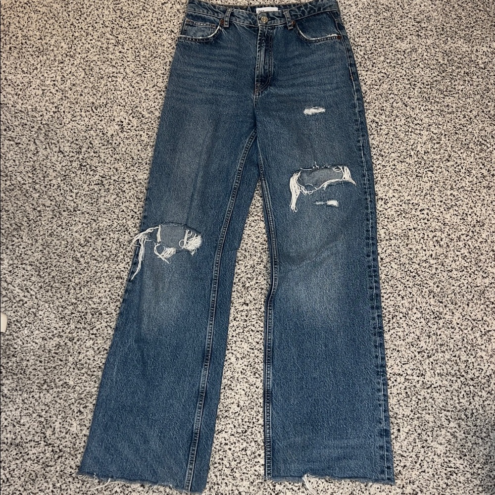Zara Dark Wash Distressed High Waisted Mom Jeans, size 6